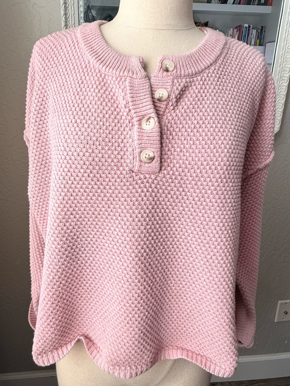 Sincerely Jules Pink Chunky Knit Henley Sweater Small Cozy Textured Cottagecore